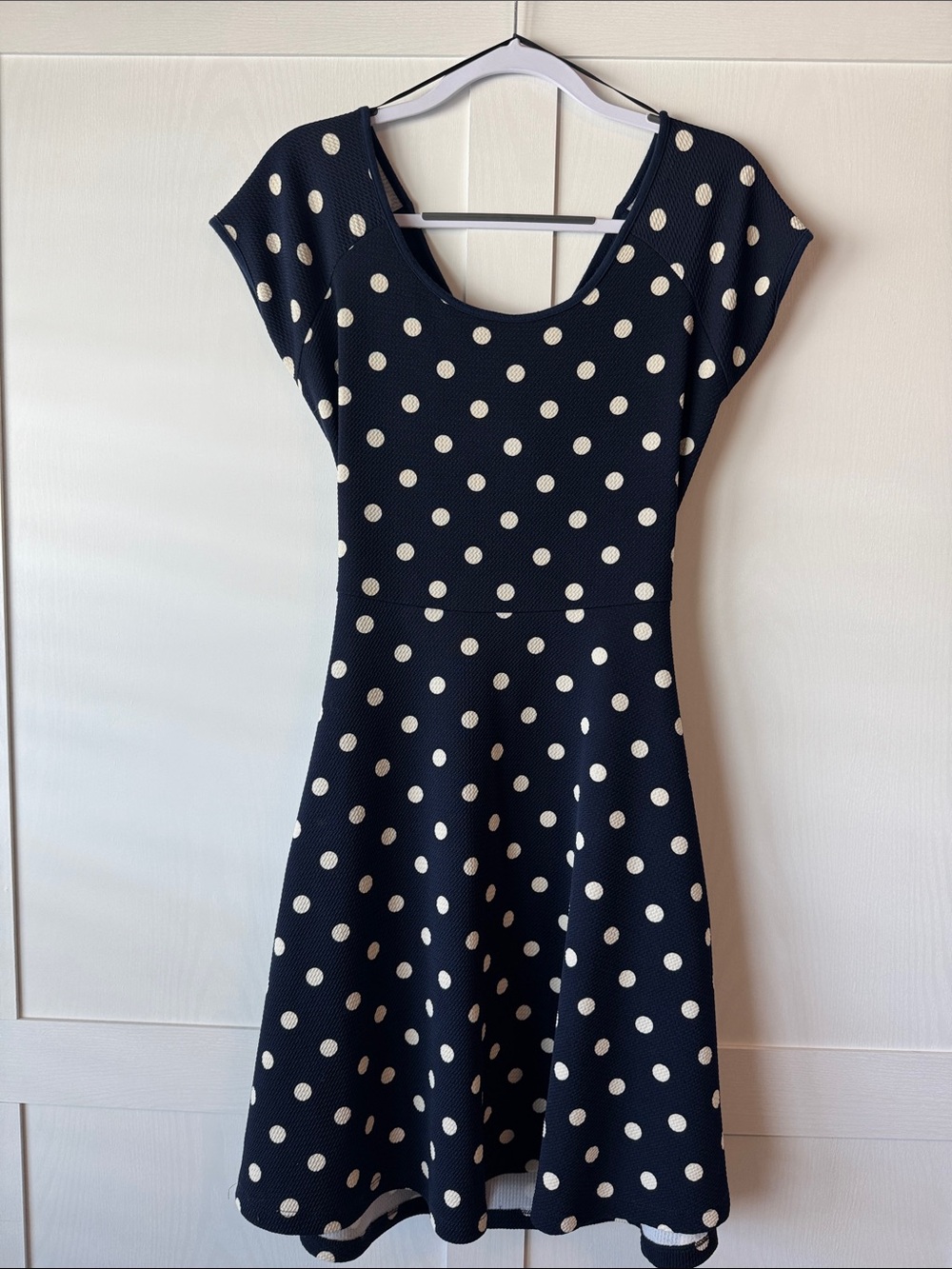 Polka Dot A-Line Dress with open back in Navy and White